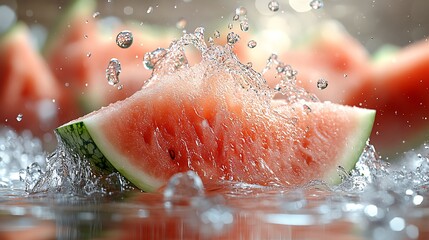 Poster - Vibrant Watermelon Chunk in Glamorous Splash with Droplets Freezing in Mid Air : Generative AI