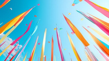 colorful ribbons hanging on poles against blue sky background at kite festival, kite, festival, cele