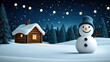 © Jiranath - cheerful snowman stands in snowy landscape, surrounded by pine trees and cozy cabin. night sky is illuminated by string lights, creating magical winter scene