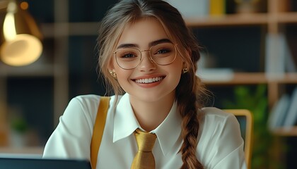Poster - Professional Young Woman with Glasses and Braid in Modern Office Setting : Generative AI