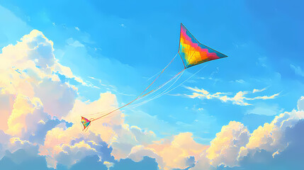 a colorful kite soaring in a blue sky with fluffy clouds. colorful kite festival. illustration
