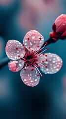 Poster - Serene Pink Blossom with Dew against a Tranquil Blue Background for Nature and Floral Themes : Generative AI