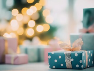 Poster - Elegant Holiday Gift Box with Polka Dot Pattern and Bokeh Lighting for Festive Occasions : Generative AI