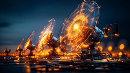 satellite array in deep space with glowing antennas and technology