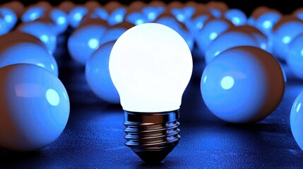 Poster - Bright Idea Illuminating a Sea of Blue Light Bulbs, Symbolizing Creativity, Innovation, and Inspiration in a Unique and Artistic Setting