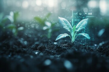 Aufkleber - A young plant growing in soil with digital data overlay, representing technological advancements in agriculture and sustainable farming.