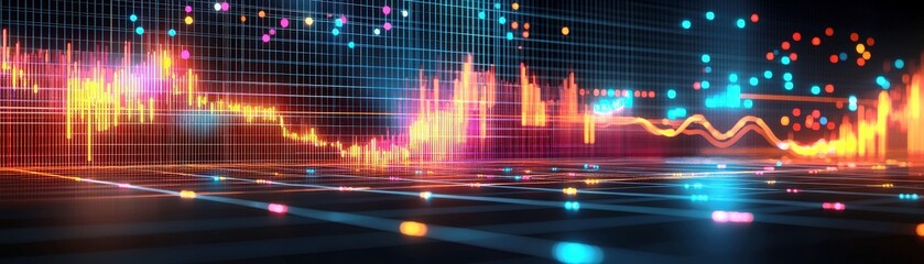 Poster - Abstract Digital Waveform Display with Vibrant Colors and Geometric Patterns Representing Sound and Data Visualization in a Modern Style