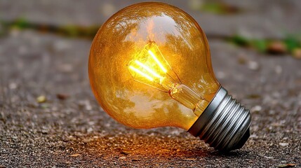 Poster - An illuminated vintage light bulb lies on a textured concrete surface casting warm glows, symbolizing creativity, inspiration, and innovative ideas in everyday life.
