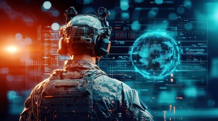 Poster - Soldier in Camouflage Uniform Using Advanced Technology with Digital Displays and Global Network Elements in a Modern Warfare Environment