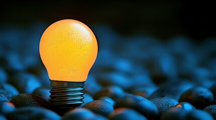 Poster - Glowing Orange Light Bulb Displayed Among Dark Round Stones in a Unique and Captivating Still Life Composition Emphasizing Contrast and Texture