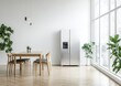 © adri - Modern dining room with a large window, wooden table and chairs, a stainless steel refrigerator and plants.