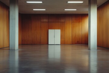 Aufkleber - An empty room with wooden paneling, a white cabinet, and concrete floors.