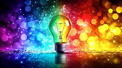 Poster - Vibrant Lightbulb Surrounded by Colorful Bokeh in a Sparkling Rainbow Spectrum with an Artistic and Energetic Atmosphere for Creative Concepts and Inspiration