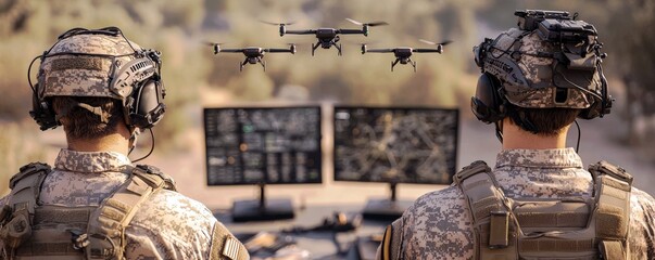 Poster - Soldiers Operating Drones in a Military Environment with Advanced Technology and Monitoring Systems for Surveillance and Reconnaissance Missions
