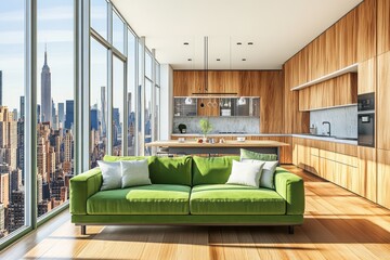 Poster - Modern kitchen with a green sofa and a stunning city skyline view through large windows.