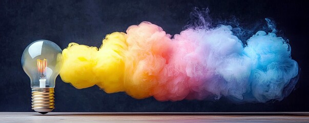 Poster - Vibrant Light Bulb Emitting Colorful Smoke in a Creative Conceptual Design Displaying Ideas and Innovation with Bright Yellow, Pink, and Blue Hues