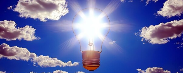 Poster - Illuminating Idea: A Bright Light Bulb Casting Radiance Against a Clear Blue Sky with Fluffy Clouds Creating an Inspirational and Creative Atmosphere