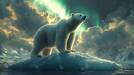 a polar bear standing confidently on an iceberg shaped like an upward arrow, symbolizing growth and 