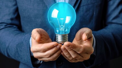 Poster - Man in Suit Holding a Blue Light Bulb Illustrating Innovations and Creative Ideas in a Professional Setting Emphasizing Responsibility and Sustainability in Business