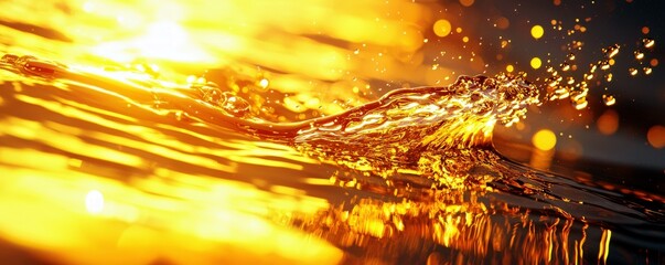 Poster - Stunning Close-Up of Water Splashing in Golden Sunset Light, Capturing the Beauty of Nature with Shimmering Reflections and Vibrant Colors