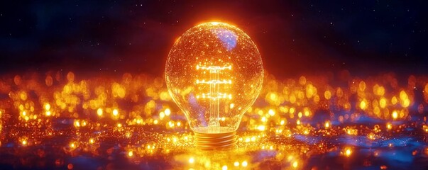 Poster - Sparkling Light Bulb Surrounded by Glowing Particles in a Dark Environment, Creating a Magical and Inspirational Atmosphere for Creativity and Imagination