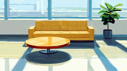 Poster - modern and bright interior design featuring a yellow couch and circular coffee table in a sunlit roo