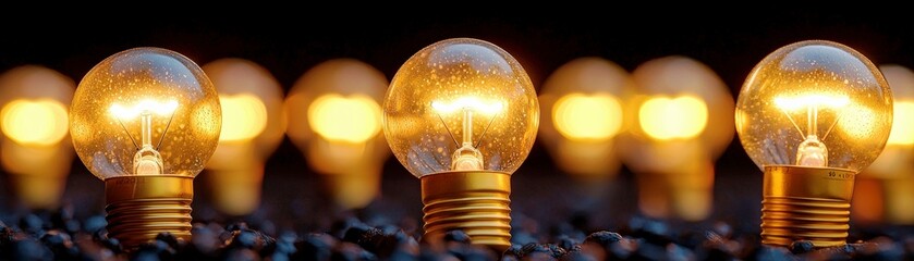 Poster - A Row of Vintage Light Bulbs Illuminating a Dark Surface Surrounded by Glossy Black Stones, Creating a Warm and Inviting Atmosphere for Home Decor and Events