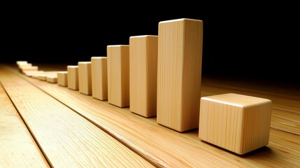 Poster - Wooden Blocks Arranged in a Bar Graph Displaying Growth Progression and Data Trends on a Wooden Surface against a Dark Background