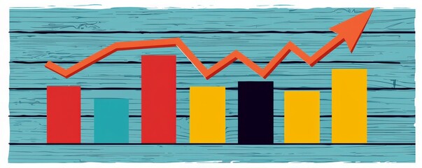 Poster - Colorful Bar Chart with an Arrow on a Wooden Background Representing Growth and Business Success in a Creative Style