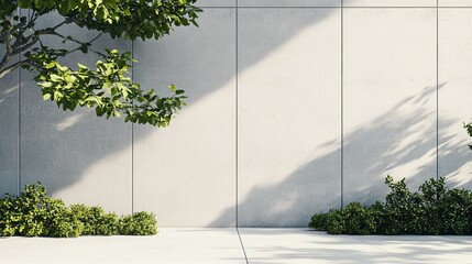 Aufkleber - A minimalist concrete wall with green foliage, a tree, and a shadow cast from the tree.