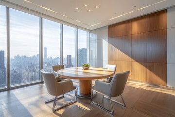 Aufkleber - Modern meeting room with a large window overlooking a cityscape.
