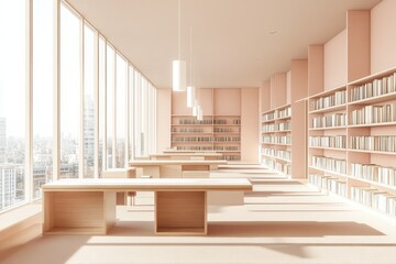 Poster - A modern library interior with large windows, wooden bookshelves filled with books, and wooden tables and chairs.