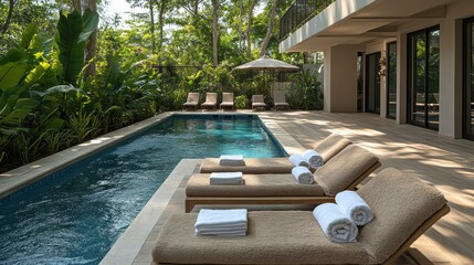 Sticker - Luxurious Outdoor Space with Pool Surrounded by Lush Greenery and Relaxing Lounge Chairs Perfect for a Peaceful Retreat in a Serene Environment