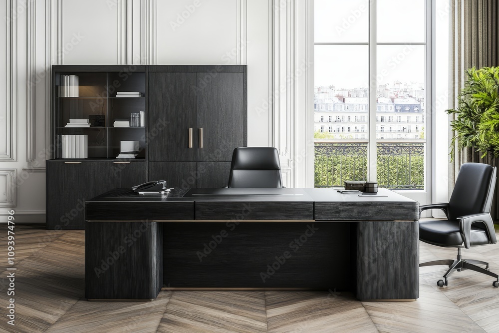 Modern black office desk with leather chair, glass bookcase and wooden ...