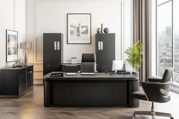 Aufkleber - Modern black office with a large desk, two chairs, and a plant, overlooking a city skyline.
