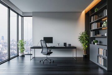 Aufkleber - Modern minimalist home office with large windows overlooking a city skyline.