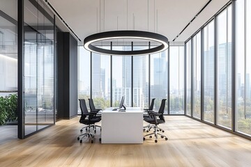 Aufkleber - Modern office meeting room with large windows, a white table, black chairs, and a circular light fixture.