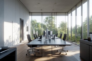 Fototapete - Modern office interior with large windows, sleek furniture, and a view of trees.