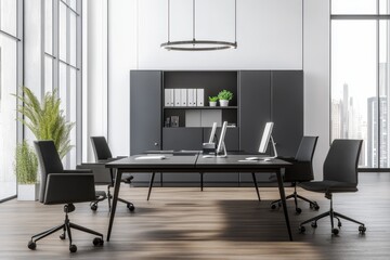 Poster - Modern minimalist office with black furniture, large windows, and a city view.
