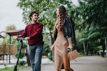 Poster - A young couple shares a joyful moment outdoors, with a man riding a scooter and a woman strolling beside him. The lush greenery creates a vibrant and relaxing atmosphere.