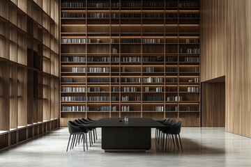 Poster - Modern library interior with a large wooden bookshelf and a black table with chairs.