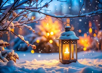 Poster - Serene Candle Lantern Glowing in a Snowy Garden, Illuminating Delicate Branches for a Peaceful Christmas Atmosphere at Twilight