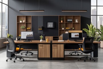 Poster - Modern office with two desks, two chairs, plants, shelves, and a view of the city.