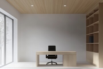 Wall Mural - Minimalist home office with a large window, wooden desk, black chair, and shelves.