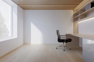 Aufkleber - Minimalist home office with a wooden desk, chair, and bookshelf, featuring a large window and white walls.