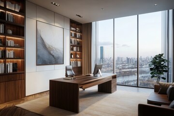 Aufkleber - A modern office with a large window overlooking a city skyline, a wooden desk, a chair, and a bookshelf.