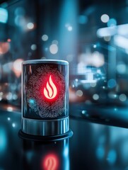 Poster - A glowing red fire alarm emits light in a modern, blurred urban environment, creating a striking contrast with its reflective surface.