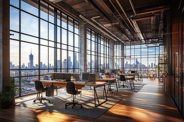 Fototapete - Modern open-plan office with large windows overlooking a city skyline.