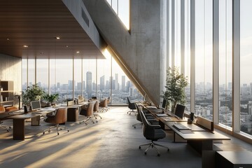 Aufkleber - Modern office space with large windows overlooking a cityscape at sunrise.