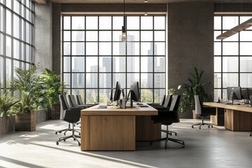 Aufkleber - A modern office space with large windows overlooking a city skyline. There are several desks with computers and chairs, along with potted plants.